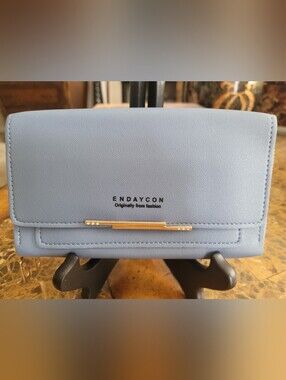Light Blue Faux Leather Wallet with Gold Accent